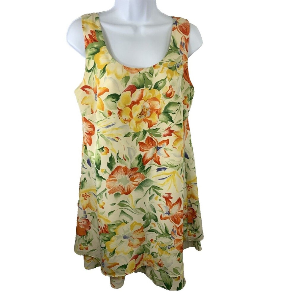 VTG Kathie Lee Women's 8 Dress Flowy Yellow Floral tiered Sleeveless Garden Y2K
